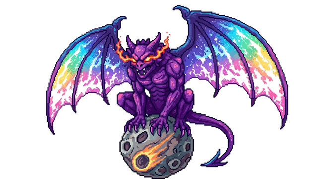 Mystical Purple Gargoyle Sitting on Meteorite.