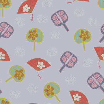 Seamless Fan, Floral and Swirl Pattern, Decorative Japanese Fans and Flowers with Flowing Swirls in Lilac and Green, Repeat Design for Fabric and Wallpaper
