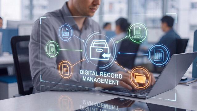 Digital record management system for organizing corporate files documents and folders with connected holographic dashboard interface for structured data archiving and business workflow control