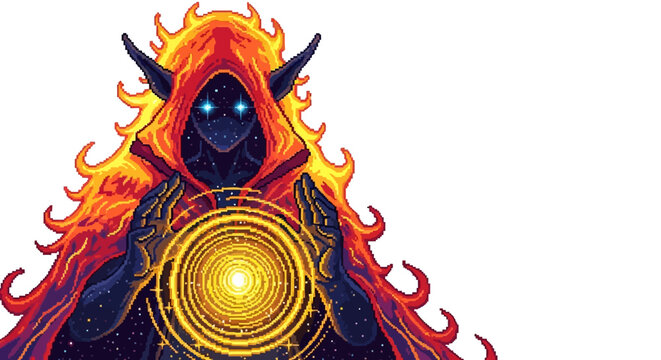 Mysterious hooded figure with glowing eyes and magical orb.