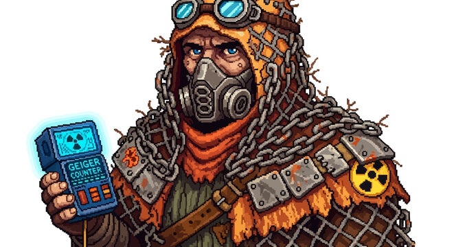 Post apocalyptic survivor with gas mask and Geiger counter.