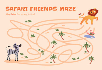Obraz premium Safari Friends Maze with Zebra and Lion, children logic game, safari landscape, palm trees, flamingos, find right path, flat vector illustration