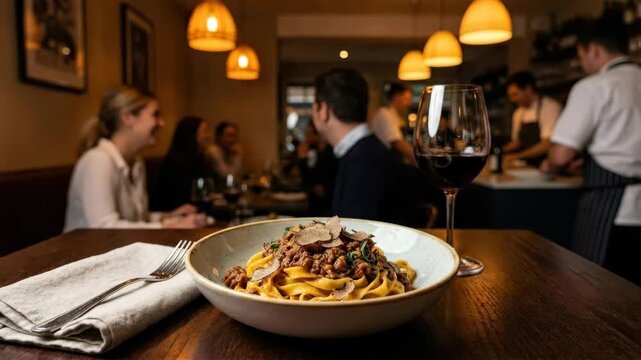 Fresh pasta served in a restaurant, appetizing gourmet dining scene with warm hospitality atmosphere, elegant plating, rich texture and inviting color, culinary lifestyle concept, soft interior light,