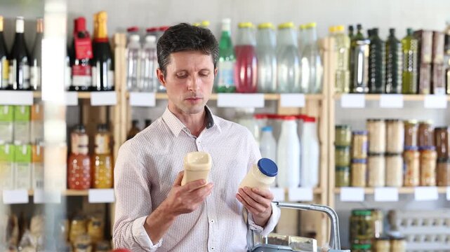 European man chooses mayonnaise sauce in a supermarket while standing near the shelves with groceries. Visitor came to the store for garlic and tartar sauce. High quality 4k footage