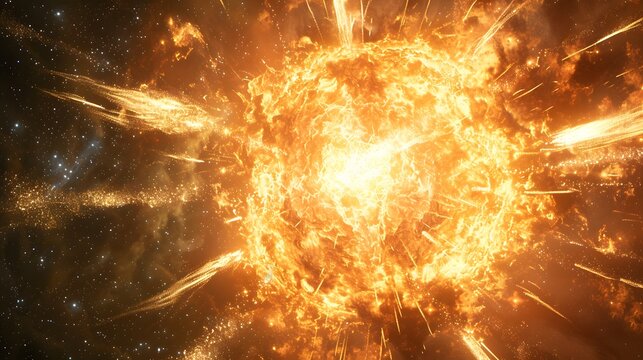 Supernova explosion in deep space showing a massive star collapsing with bright glowing fire energy sparks and cosmic debris scattered throughout