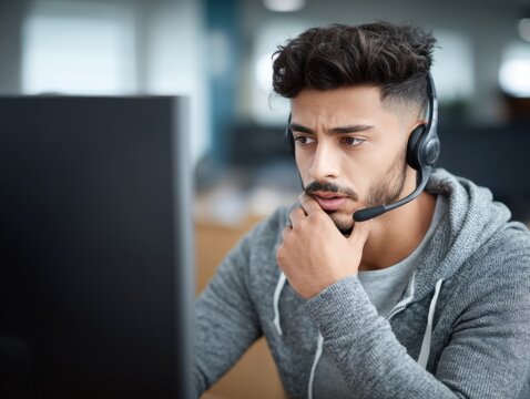 Young man wearing headset looking confused at computer screen, customer service representative in office