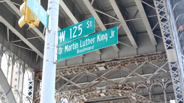 Riverside drive viaduct and 125 street sign, Harlem in Upper Manhattan, New York City, United States. 12 twelve avenue viaduct. Elevated flyover transport road. Steel arch bridge, overpass junction.