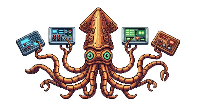 Octopus holding multiple screens with data.