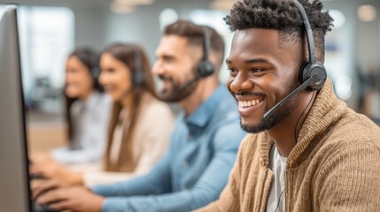 Fototapeta premium Smiling diverse call center agents wearing headsets working together providing customer support in a modern office
