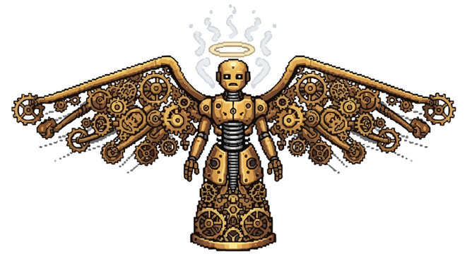 Steampunk Angel Mechanical Being with Gears and Wings.