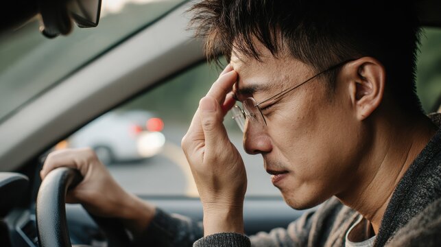 Stressed Asian Man Experiencing Headache While Driving in Traffic