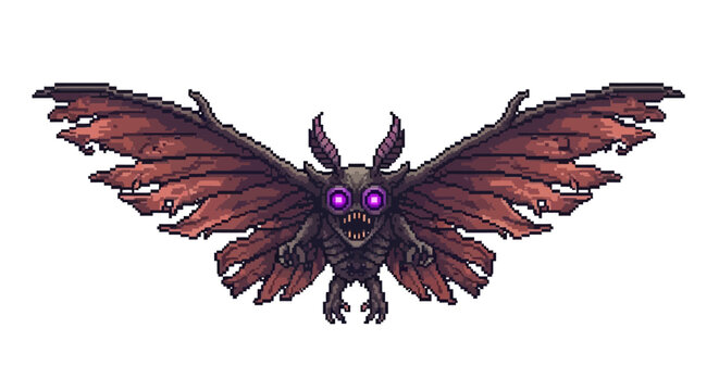 Mysterious Mothman Creature with Glowing Purple Eyes and Dark Wings.