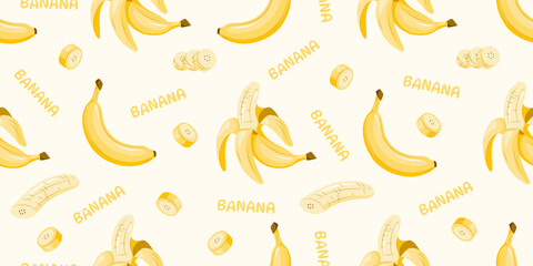 Summer seamless pattern with bananas on white background. Vector illustration © Julia Bilevych