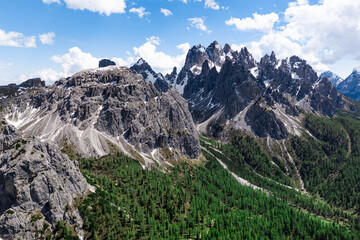 Fototapeta premium Aerial drone view of Rocky peaks of the Sexten Dolomites. Alpine landscape of South Tyrol, Northern Italy