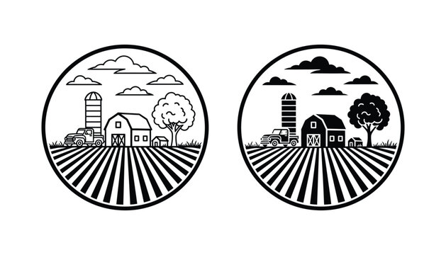 Rural farm landscape with barn and silo inside a circle frame as a clean vector graphic for agricultural branding and icons