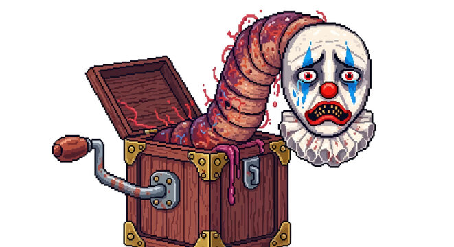 Scary Jack in the Box Monster Emerging with Bloody Clown Head.