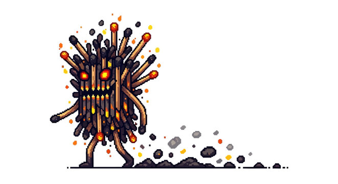 Scary monster made of burnt matches walking.