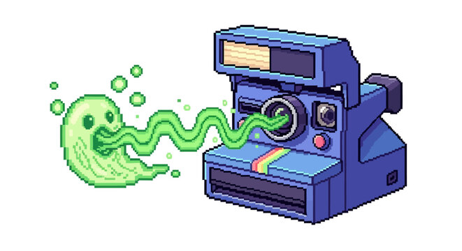 Pixel art ghost being zapped by vintage camera.