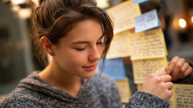 Young woman arranging recovery affirmation cards around a mirror in a bathroom, each card written in her own handwriting, morning light glowing on the surface, eating disorder recovery ritual captur