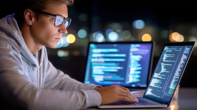 Young man in glasses coding on laptop at night with another computer screen displaying code