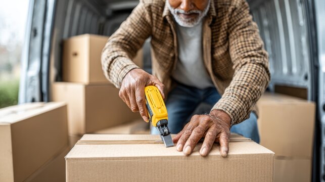 Mature Man Carefully Opens Cardboard Box with Utility Knife from Delivery Van Full of Packages