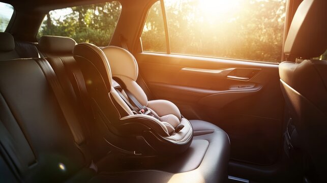 Car seat in back of a vehicle with sunlight coming through trees during late afternoon