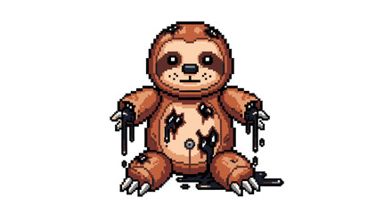 Fototapeta premium Pixel Art Sloth Toy Dripping Black Ink.