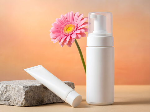 White cosmetic products with pink flower and stone on peach background foam bottle mockup