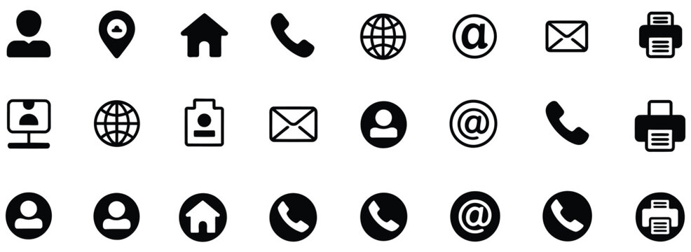 Contact design template featuring bold icon style with phone, website, address, location, and mail symbols for modern communication layout