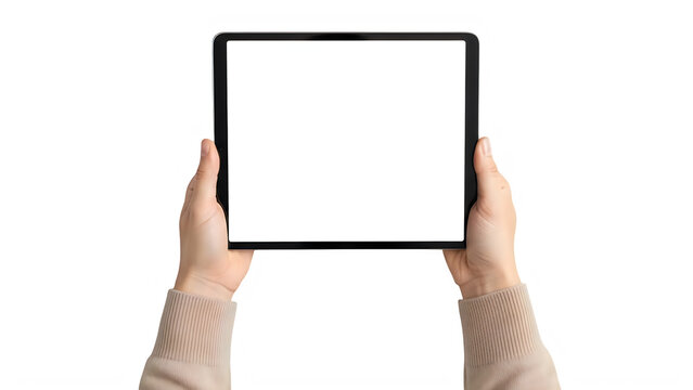 Hands holding a blank tablet device