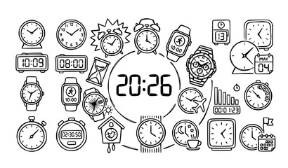 Hand drawn clock and watch icon set with time symbols in sketch style isolated on white background © Hazara