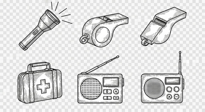Vintage radios and flashlights illustration set.