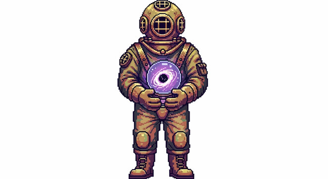 Vintage deep sea diver holding glowing orb.