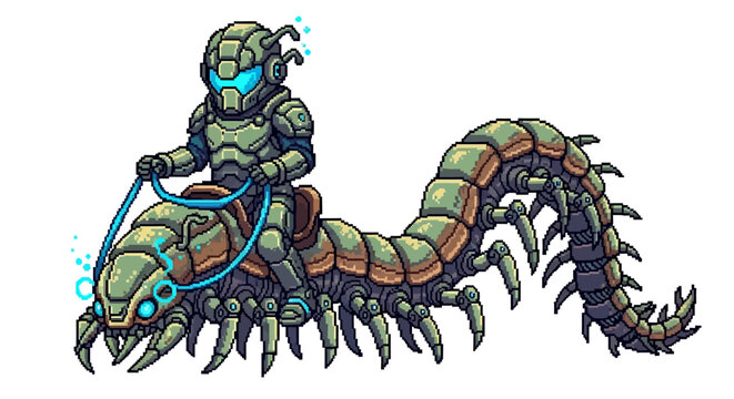 Sci-fi Centipede Creature with Rider in Armor.
