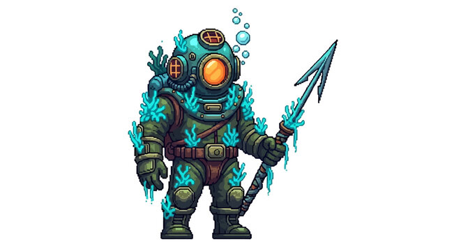 Vintage deep sea diver with trident underwater exploration.