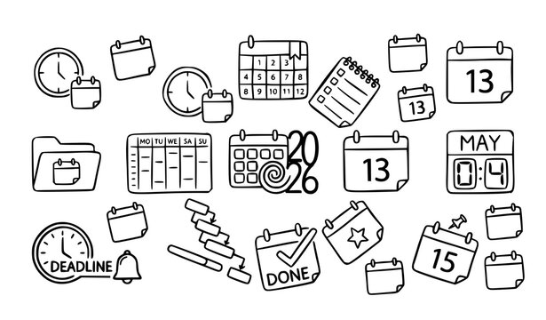 Hand drawn calendar icon set with date planner and schedule symbols in sketch style isolated on white background
