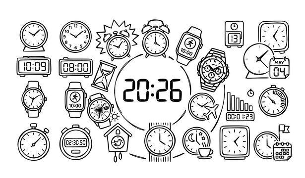 Hand drawn clock and watch icon set with time symbols in sketch style isolated on white background