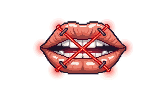 Pixel Art Lips Sealed Shut with Red X Symbol.