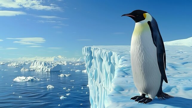 Emperor penguin standing on a massive ice shelf edge overlooking the ocean with scattered floating icebergs under a bright blue polar sky