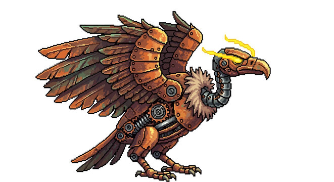 Steampunk Vulture Mechanical Bird with Golden Halo.