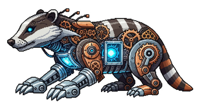 Steampunk Badger Mechanical Creature with Glowing Blue Eyes.