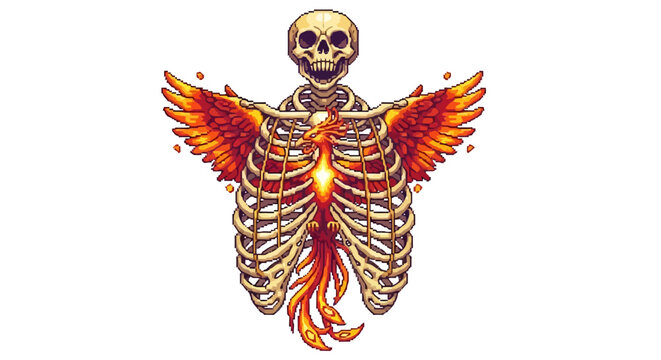 Skeleton with Fiery Phoenix Wings and Heart.