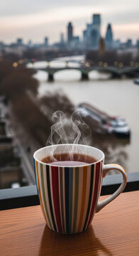 Steaming mug of tea with colorful stripes on a wooden surface, overlooking a city skyline and river, symbolizing relaxation and urban life