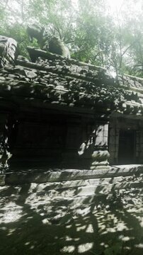 Intriguing stone structures stand hidden in a vibrant jungle, with sunlight filtering through the trees. Shadows dance over the ancient carvings, revealing the beauty of nature and history.