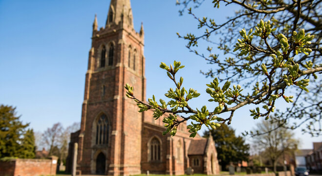 Spring tree buds historic brick parish portrait