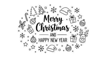 Merry christmas and happy new year doodle with ornaments and reindeer © Dipa