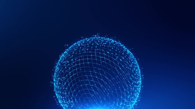 Glowing Blue Quantum Energy Sphere rb and ball. Orbiting Particles Futuristic Plasma Core, Abstract Atom Structure Animation 4K sphere wave seamless flow. AI artificial intelligence voice a