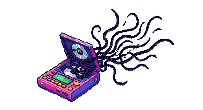 Retro Portable CD Player Emitting Abstract Black Tentacles.