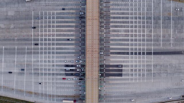 Overhead shot of toll roads on broad highway, Lines and patterns of infrastructure engineering, Elefsina