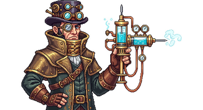 Steampunk character with goggles and ray gun.